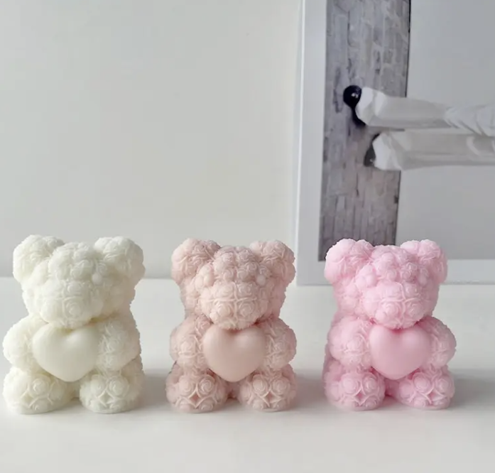 Rose Teddy Bear Candle with Heart