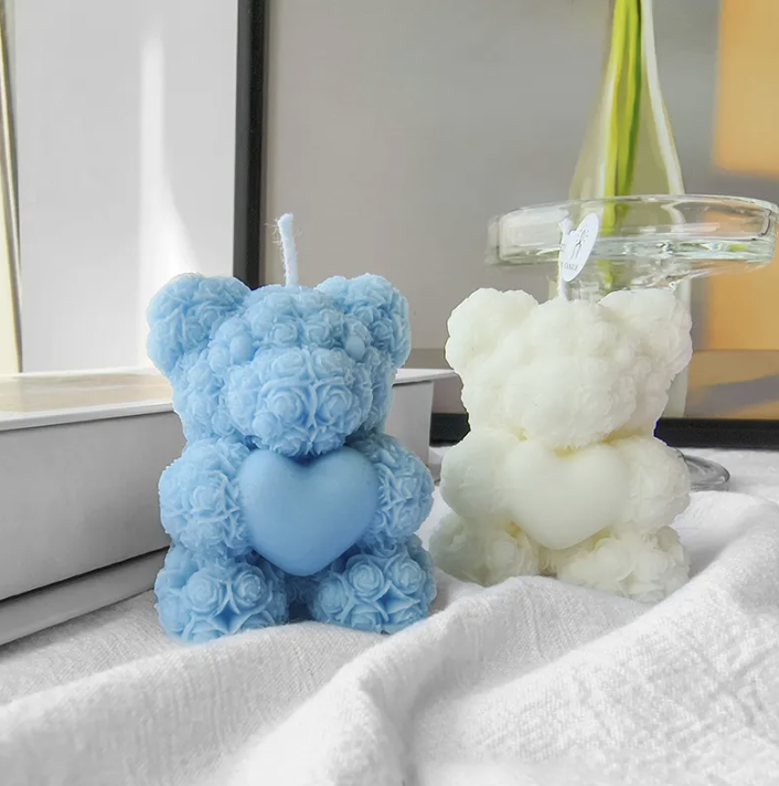 Rose Teddy Bear Candle with Heart